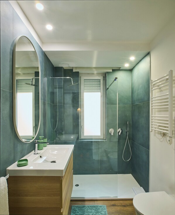 Regadera, secadora de cabello, bidet, toallas 