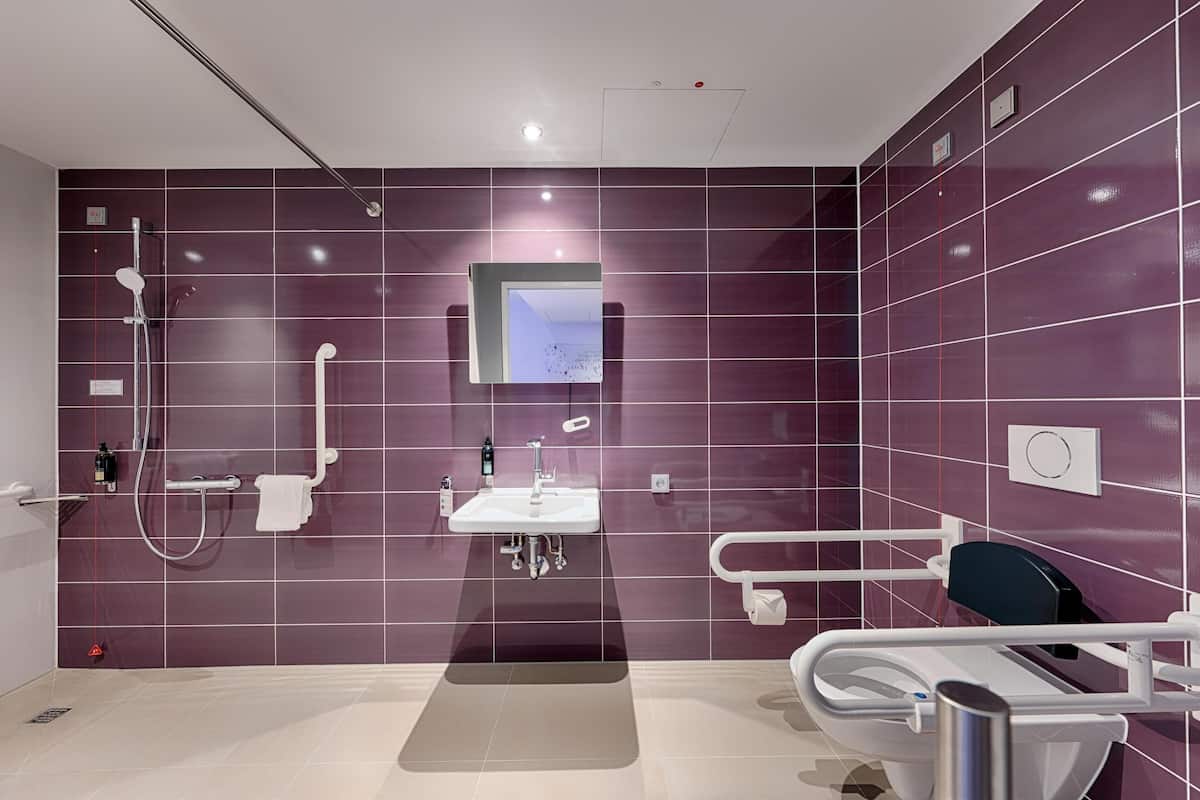 Habitación con 2 camas individuales, regadera para personas con discapacidad | Baño para personas con discapacidad