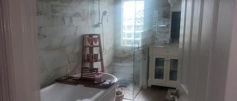 Dusche, Haartrockner, HandtĂŒcher, Toilettenpapier