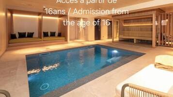 Indoor pool, open 10:00 AM to 8:00 PM, sun loungers