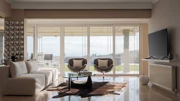 Villa, Sea View | Living room | 50-inch Smart TV with satellite channels, Netflix, streaming services