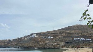 Eine Küstenlandschaft mit weißen Gebäuden, blauem Himmel und roten Blumen im Vordergrund.