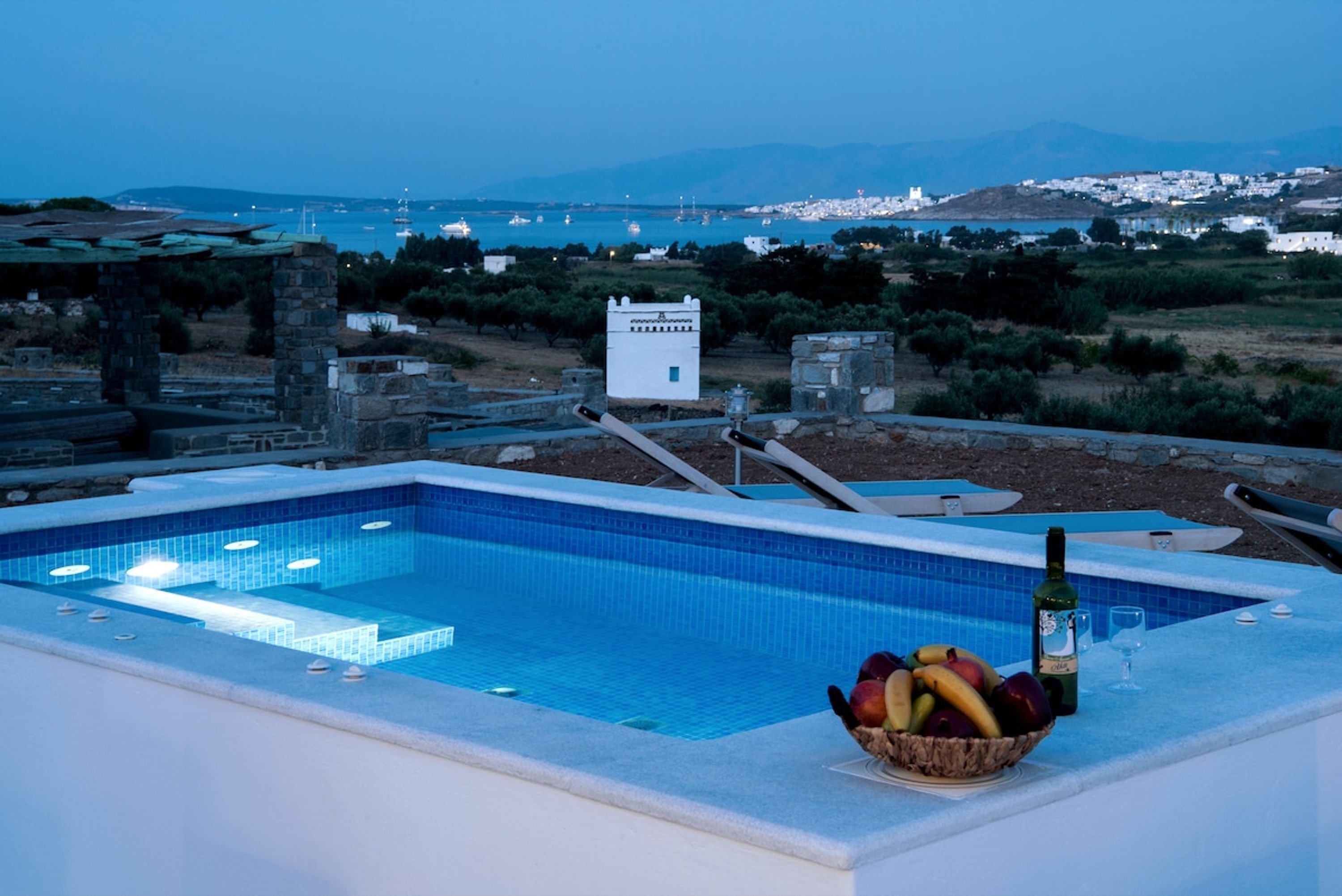 A pool with a fruit bowl and a bottle on the edge.