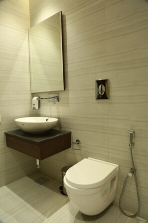 Shower, towels, soap, toilet paper