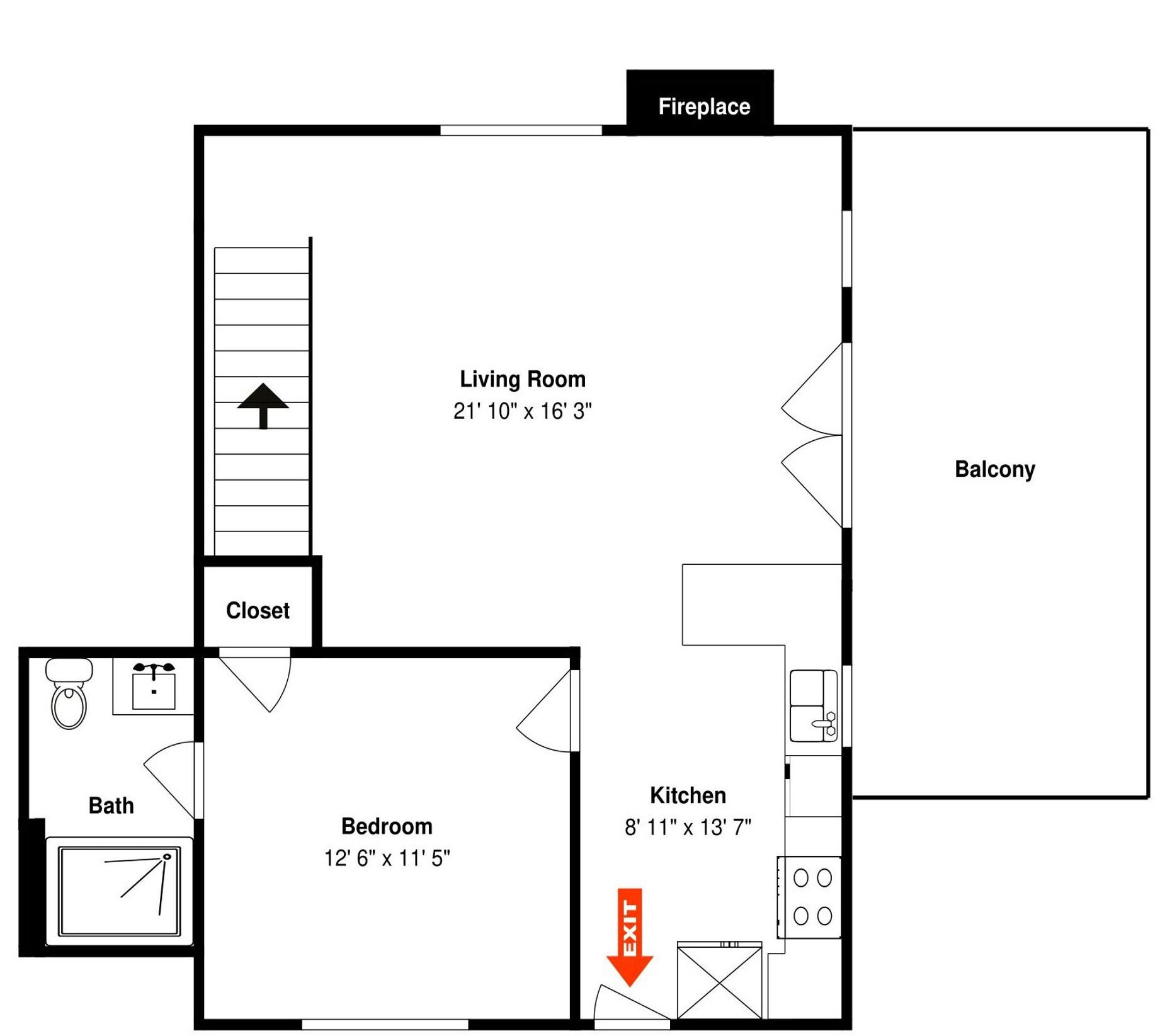 Un plan d’étage comprenant un salon, une chambre, une salle de bain, un placard, une cuisine, une cheminée et un balcon.