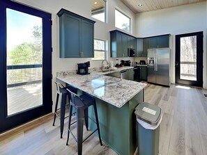 Fridge, microwave, oven, stovetop - Modern New-Built Cabin in Smoky Cove, Pet-Friendly w. Pool + Hot Tub! (Sevierville)