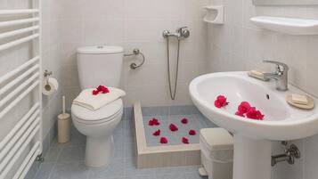 A bathroom with a toilet, bidet, shower, and sink, all in white.