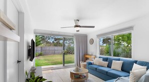 TV, fireplace, books, offices