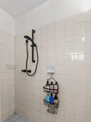 Shower, hair dryer, towels, shampoo