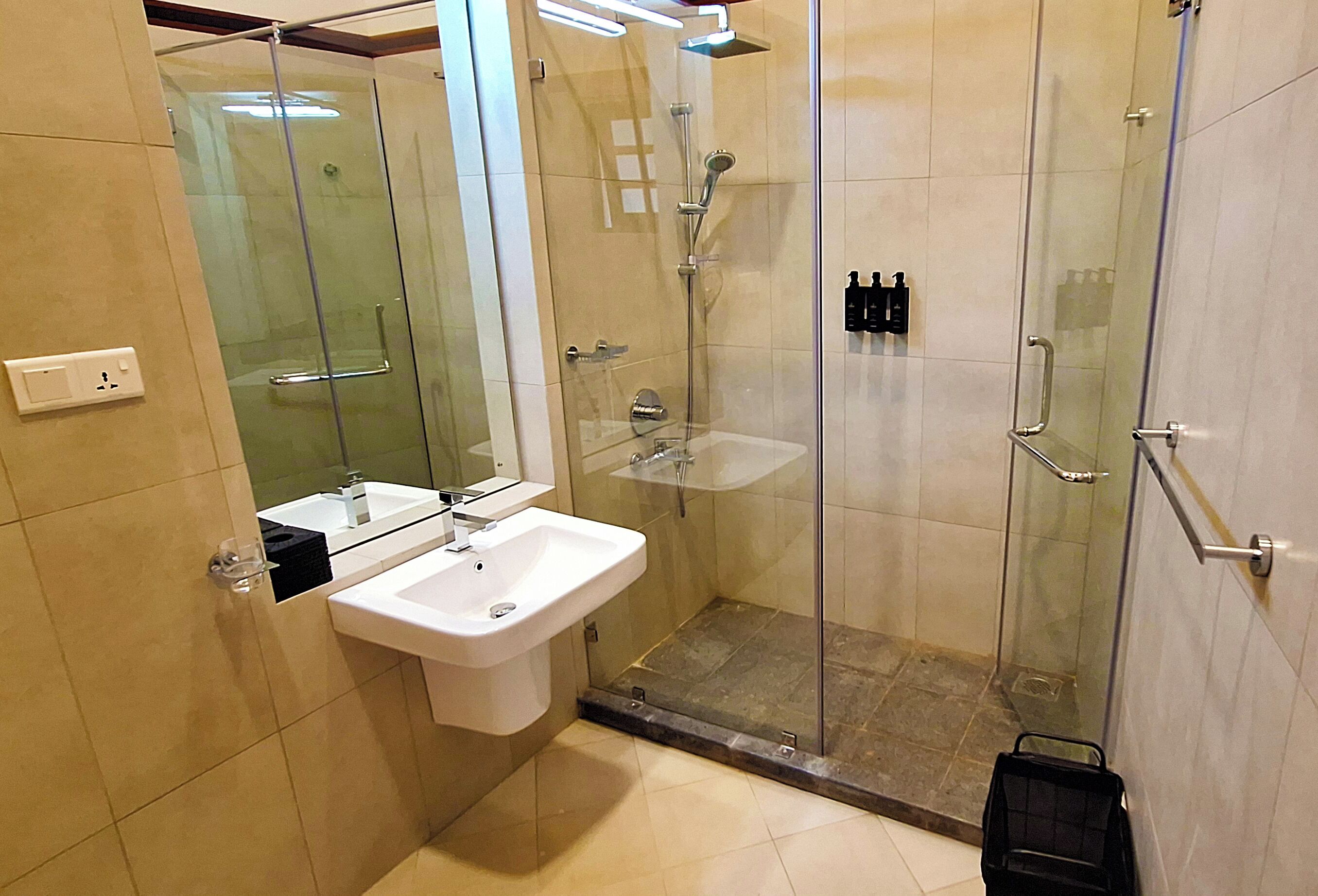 A modern bathroom with a glass-enclosed shower, a white sink, and a mirror.