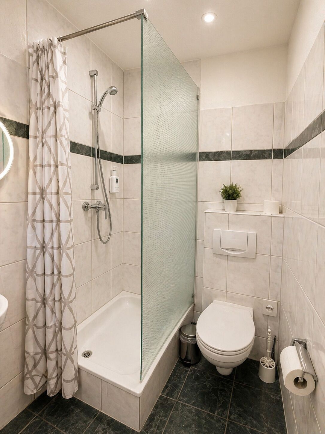 Ein modernes Badezimmer mit einer Glaskabine zur Dusche, einer Toilette, einem Waschbecken und einem kleinen Topfpflanzen an der Wand.