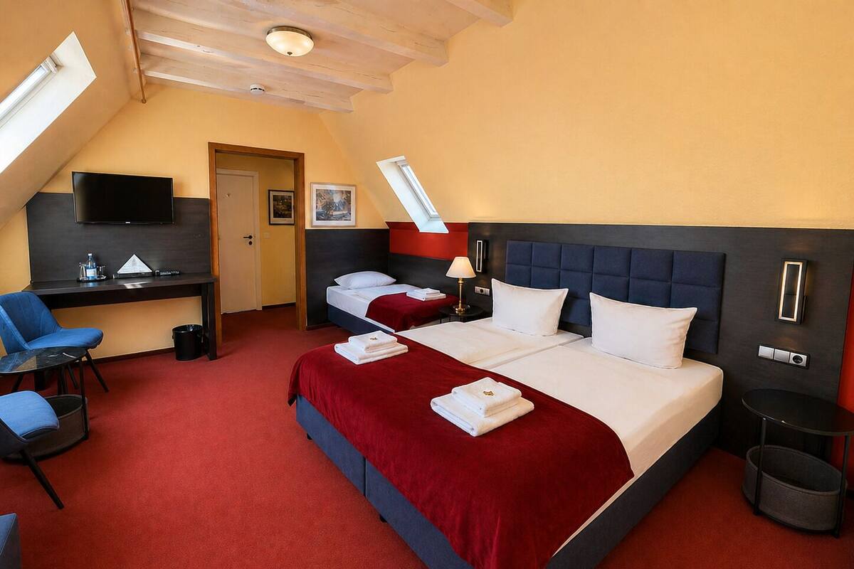 A hotel room with a bed, a desk, a chair, a TV, and a window.