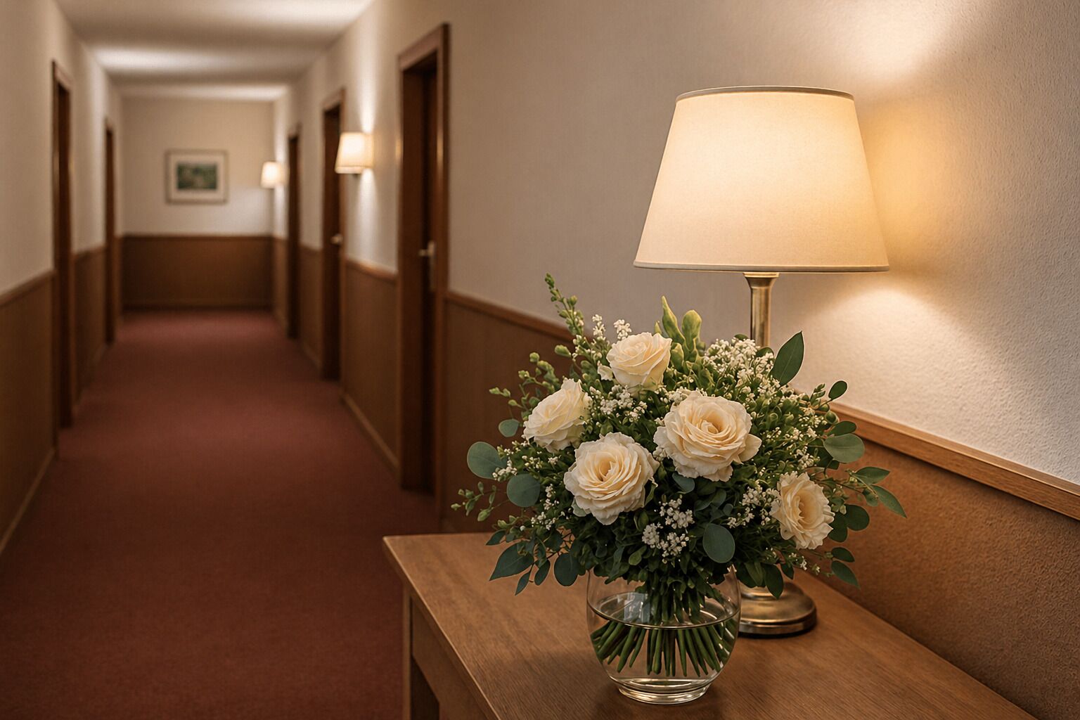 Un pasillo con un banco de madera, un jarrón de vidrio transparente con flores blancas y una lámpara con pantalla color beige.