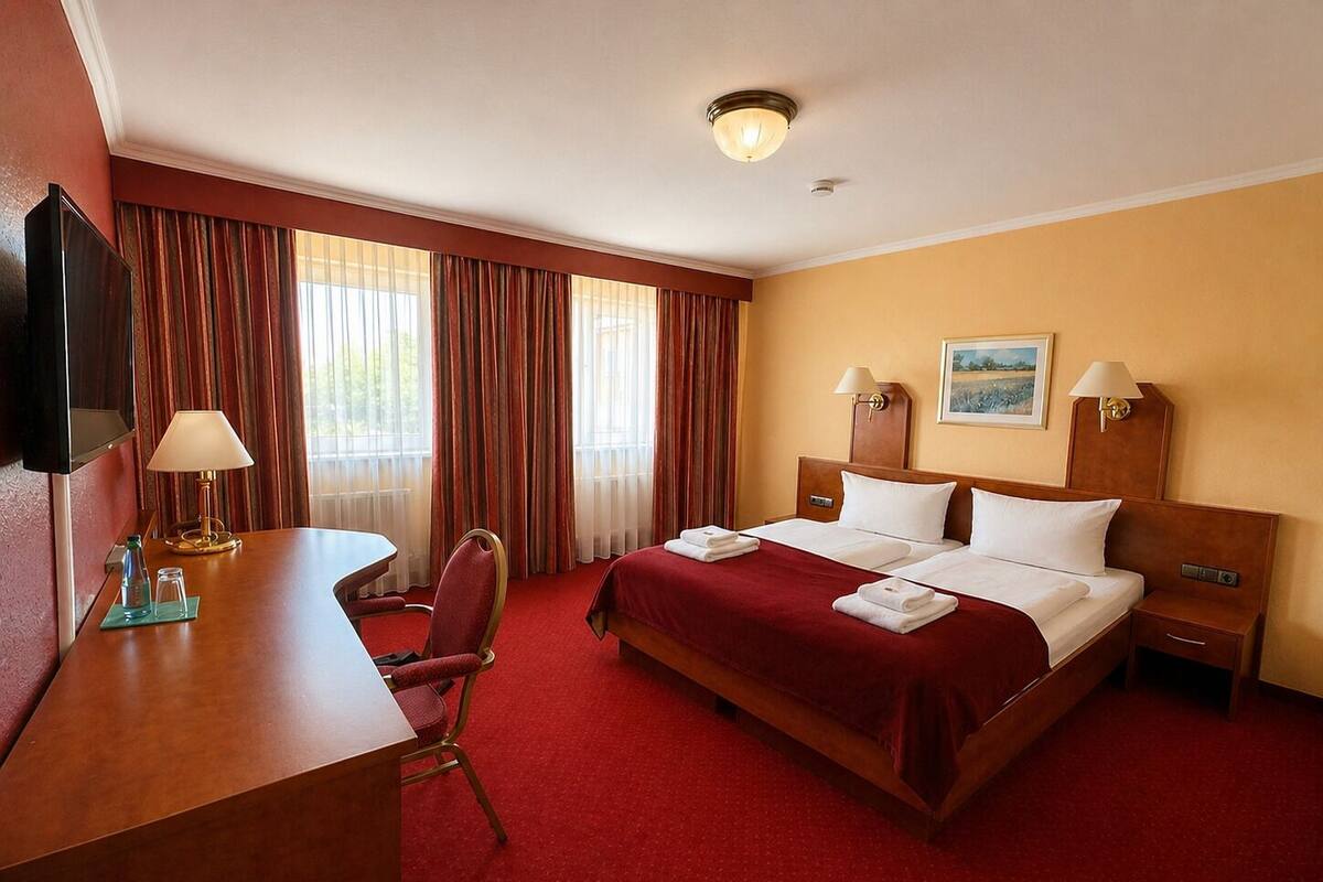 A hotel room with a bed, bedside tables, a desk with a lamp, a chair, and a television.