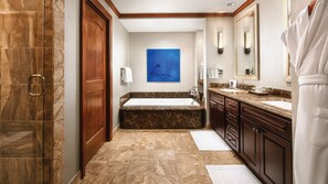 Jetted bath, hair dryer, towels, soap