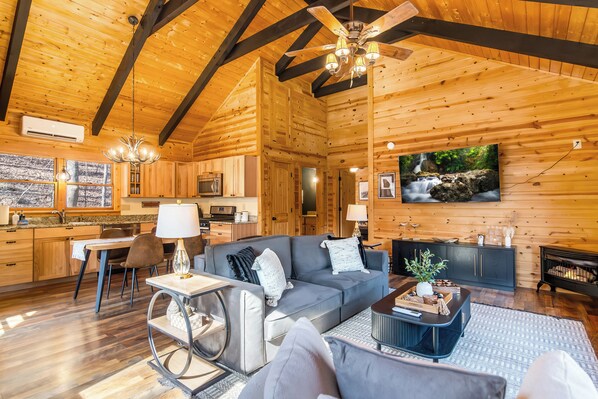 Smart TV, fireplace - Riverfront King Suite Cabin, Coosawattee Resort, Fire Pit, WIFI, BBQ,Hot Tub (Ellijay)