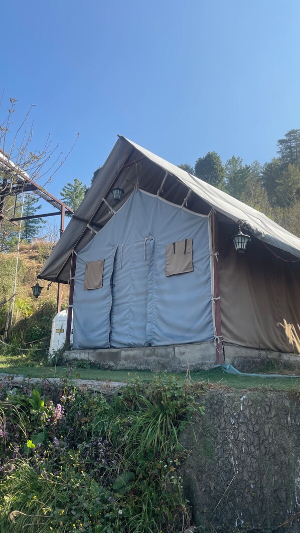 A tent-like structure with a roof and two side openings, surrounded by greenery and trees. - Apple Retreat Resort (Theog)