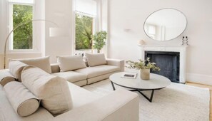 TV connectée, cheminée, livres, chaîne hi-fi