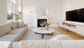 TV connectée, cheminée, livres, chaîne hi-fi