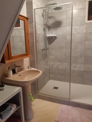 Chuveiro, secador de cabelo, sabonete, shampoo
