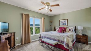 A bedroom with a bed, a ceiling fan, a window with curtains, a bedside table, and a television.