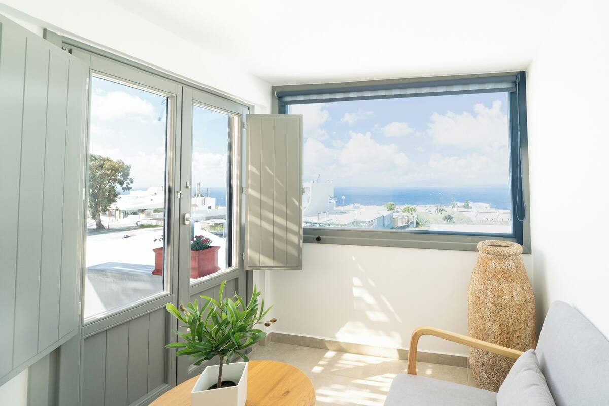 Ein Zimmer mit Meerblick, ein Blumentopf, ein Holztisch und eine große Vase.