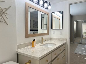 Hair dryer, towels, soap, toilet paper