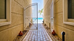 A paved pathway leading to a beach with a gate and palm trees.