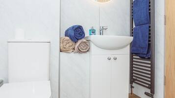 Shower, hair dryer, towels, toilet paper
