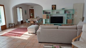 TV connectée, cheminée, livres