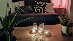 A cozy living room with a dark sofa, patterned cushions, a panda plush toy, a cactus plant, and a table with candles and glasses. - Le Salluste: T2 cosy with balcony in Strasbourg. (Strasbourg)