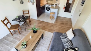 A compact living space with a dining area, a sofa, a coffee table with a cactus, and a kitchen in the background. - Le Salluste: T2 cosy with balcony in Strasbourg. (Strasbourg)
