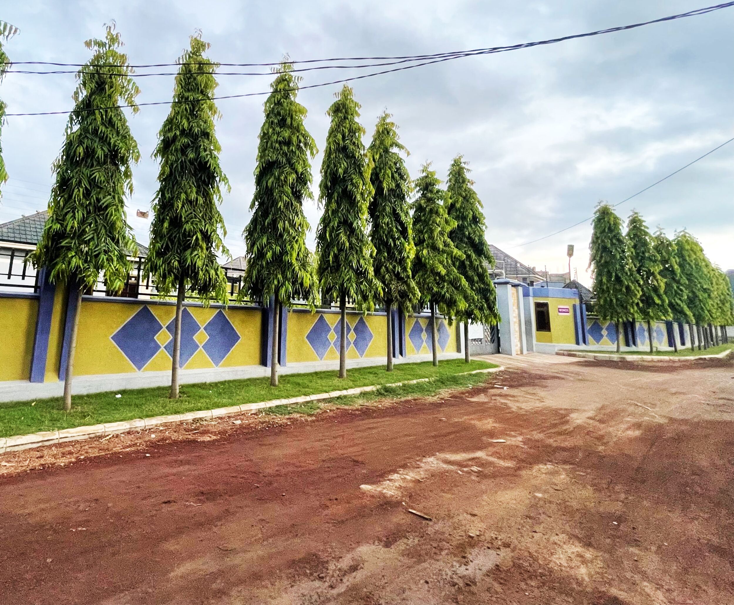 A paved road with a yellow wall and blue diamond patterns, lined with tall trees.