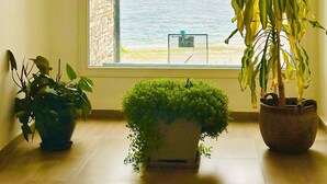 Habitación con una ventana grande que da a un cuerpo de agua y montañas, con dos plantas en macetas y una pequeña mesa.