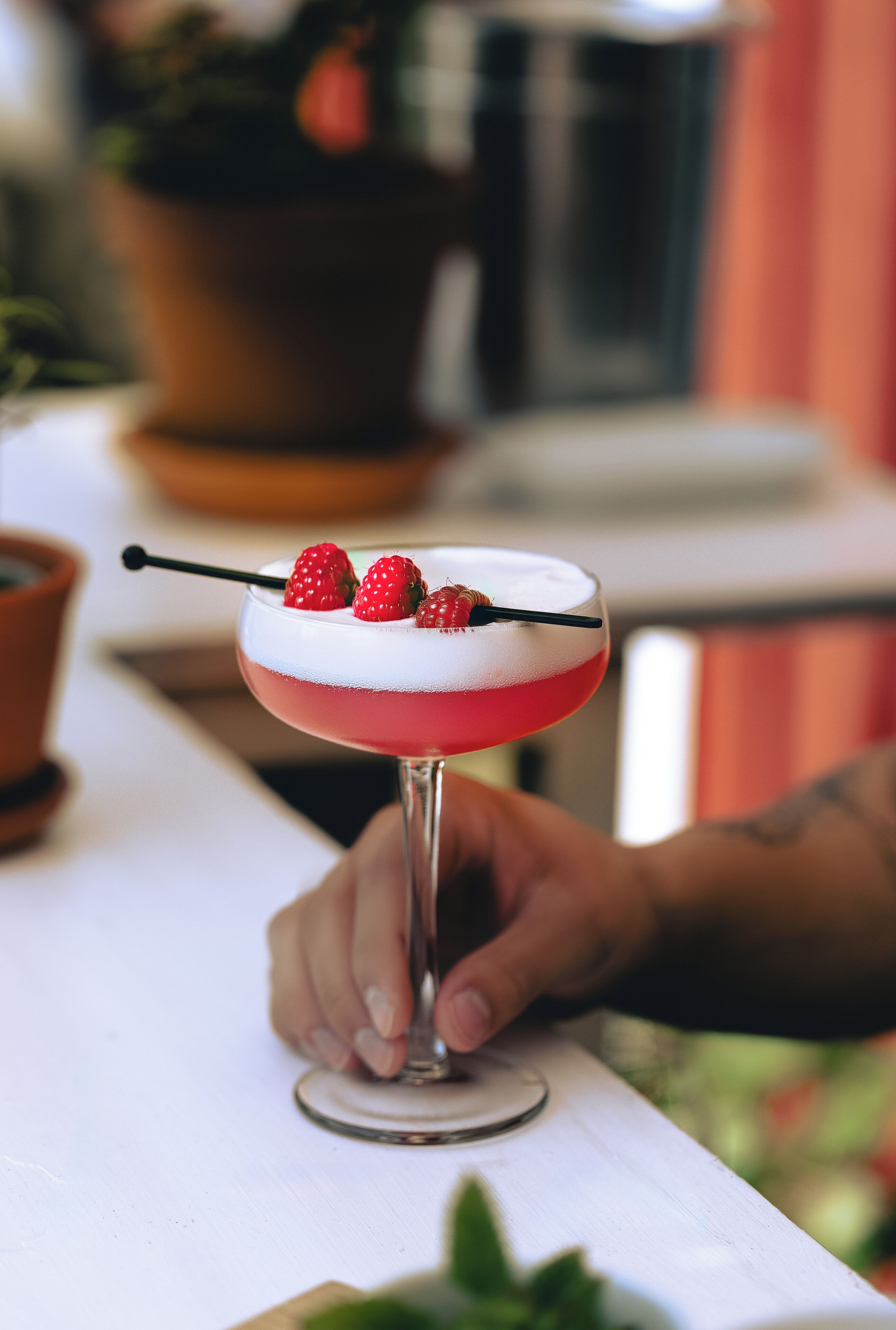 Un cóctel con fresas y un palillo, sostenido por una persona.