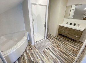 Shower, hair dryer, towels, toilet paper