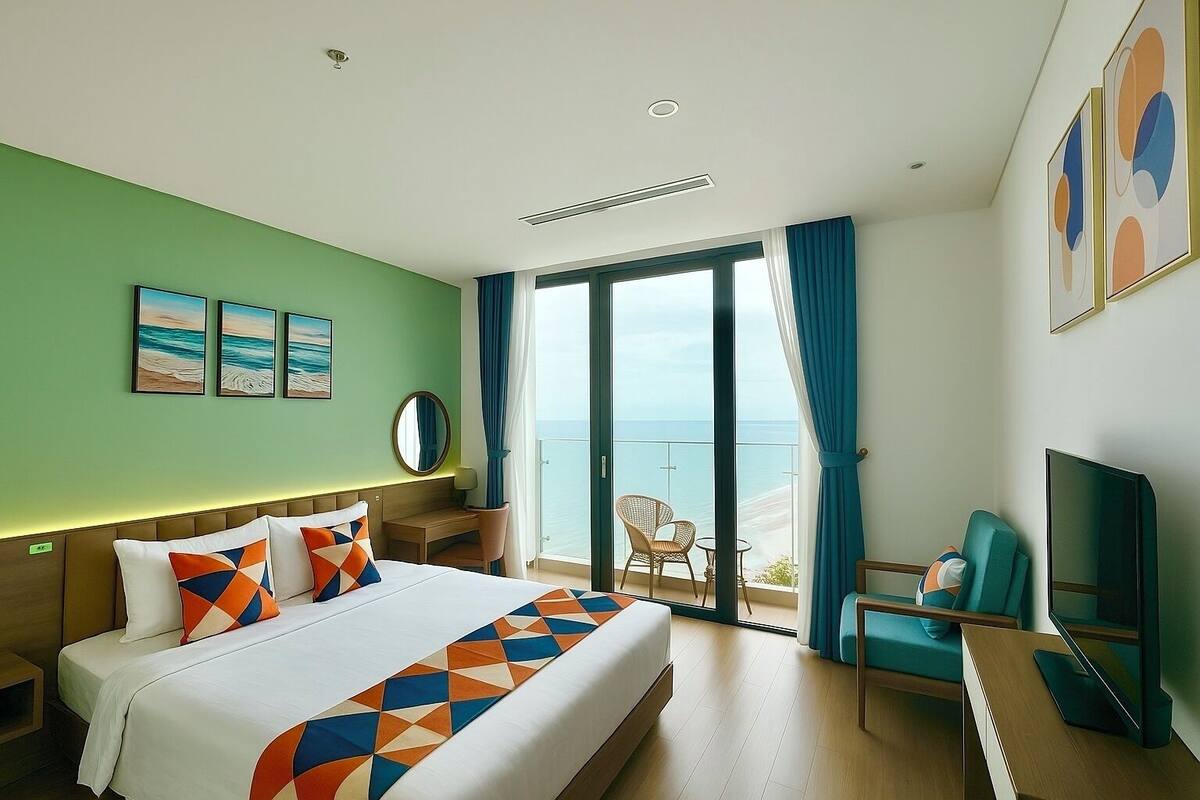 A hotel room with a bed, a desk, a TV, and a balcony with a view of the sea.
