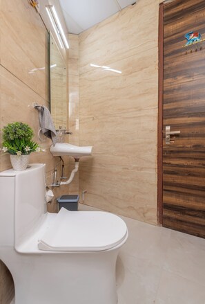 Eco-friendly toiletries, hair dryer, towels, soap