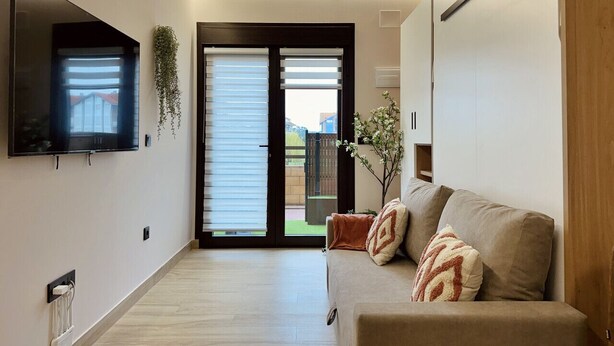 Un salon moderne doté d’un téléviseur à écran plat, d’un canapé agrémenté de coussins décoratifs, d’une plante en pot et d’une porte-fenêtre coulissante donnant sur un espace extérieur.