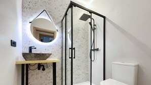 Une salle de bain avec une douche à parois de verre, un lavabo avec un receveur et des toilettes.