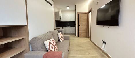 A modern living room with a grey sofa, a flat-screen TV mounted on the wall, and a wooden floor.