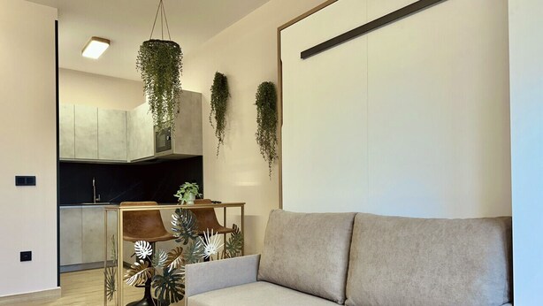 Uma sala de estar moderna com um sofá, uma mesa de centro de vidro e plantas penduradas.