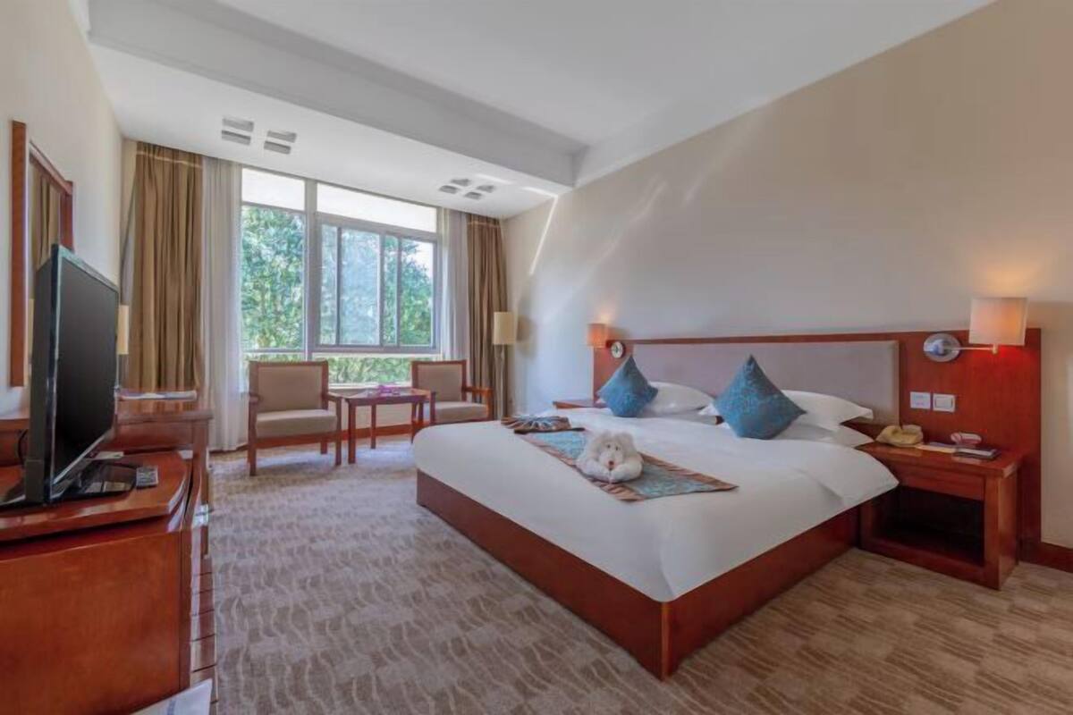 Hotelkamer met een groot bed, een televisie, een bureau en een raam met gordijnen.