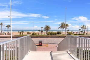 Caminho que leva a uma praia com palmeiras e céu claro.