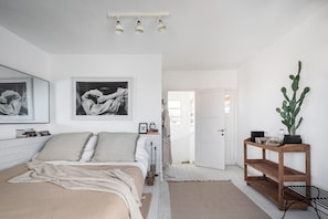 Un dormitorio con cama, dos fotografías enmarcadas, una mesita de noche, una mesita auxiliar de madera, un cactus en maceta y una puerta que da a otra habitación.