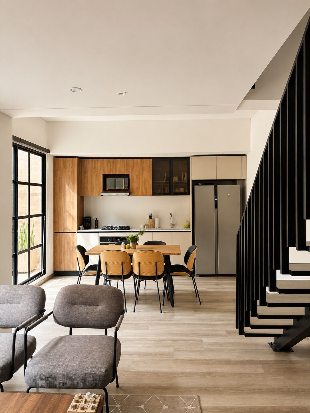 Een moderne keuken met een eetgedeelte, met een houten tafel, stoelen en een keukeneiland.