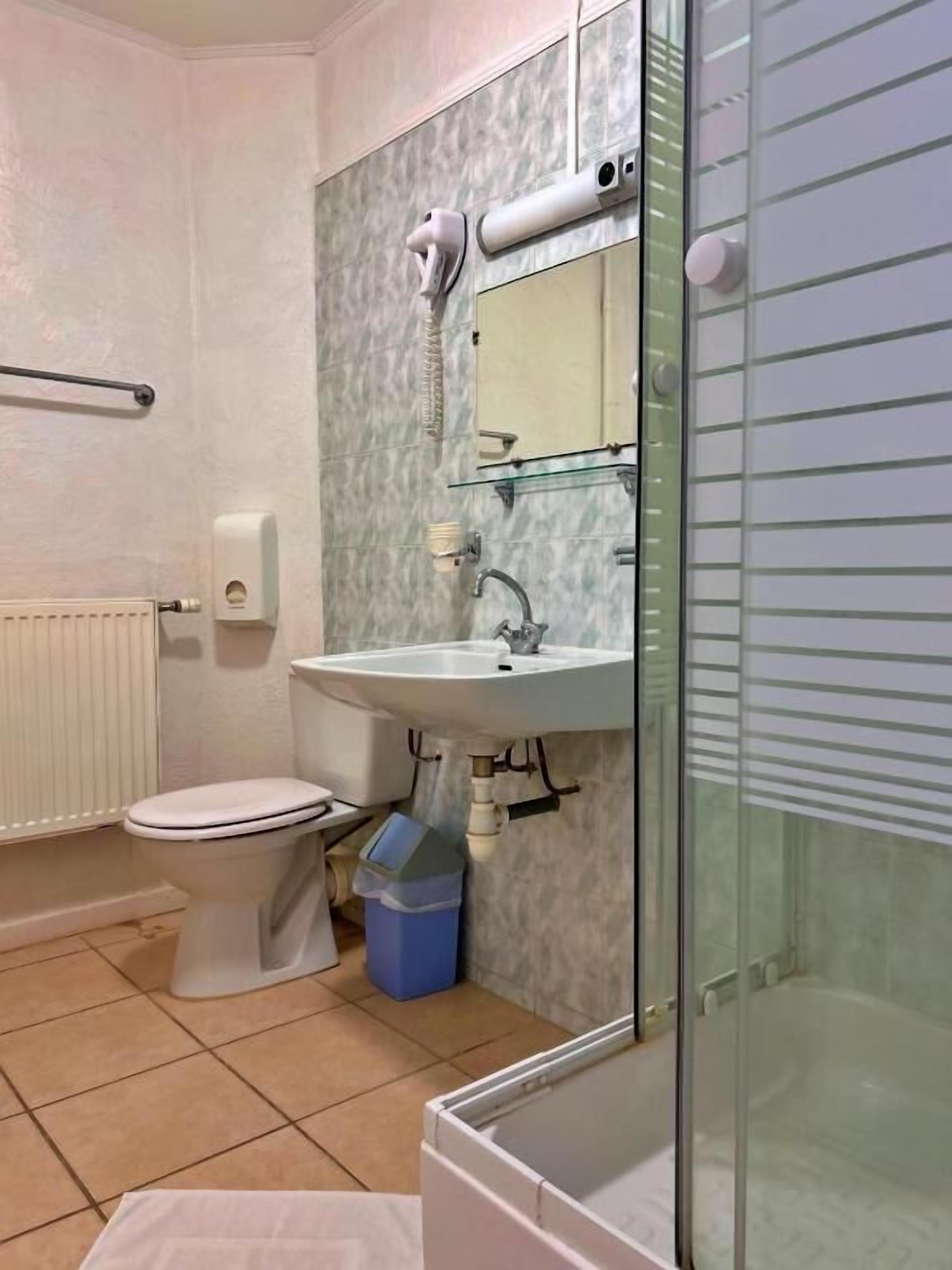 Une salle de bain avec des toilettes, un lavabo et une douche.