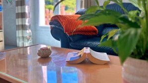 Et værelse med et træbord, en potteplante, en blå sofa med et orange plaid og et vindue med udsigt over grøn vegetation.