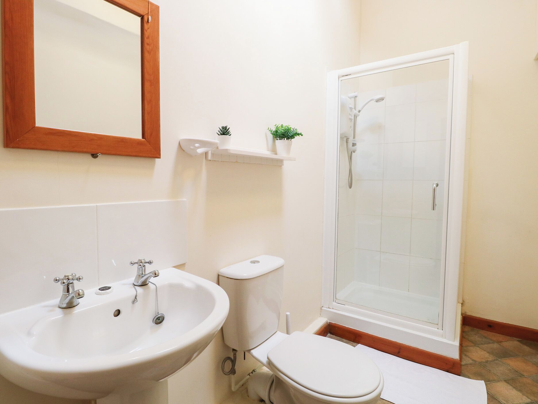 Baño con lavamanos blanco, inodoro y ducha con mampara de vidrio. Sobre el lavamanos hay un espejo con marco de madera y una pequeña estantería con plantas.