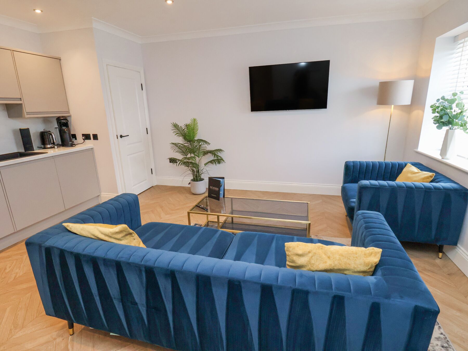 A modern living room with two blue sofas, a coffee machine, a potted plant, and a flat-screen TV on the wall.